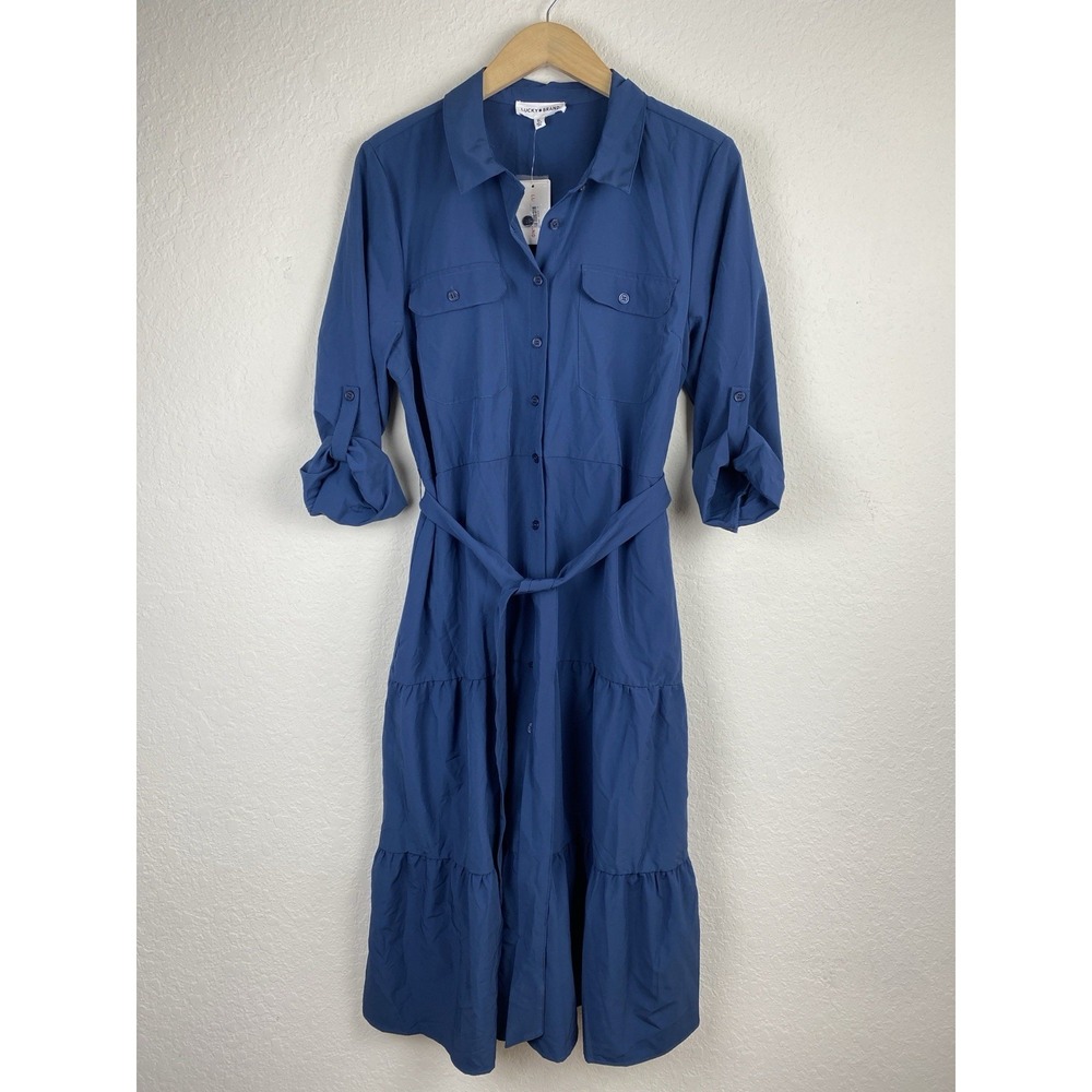 Lucky Brand XL Midi Shirt Dress Navy Blue Tiered Minimalist Peasant Belted NWT